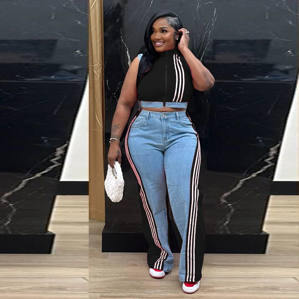 Casual Denim Top and Wide-Leg Pants Set