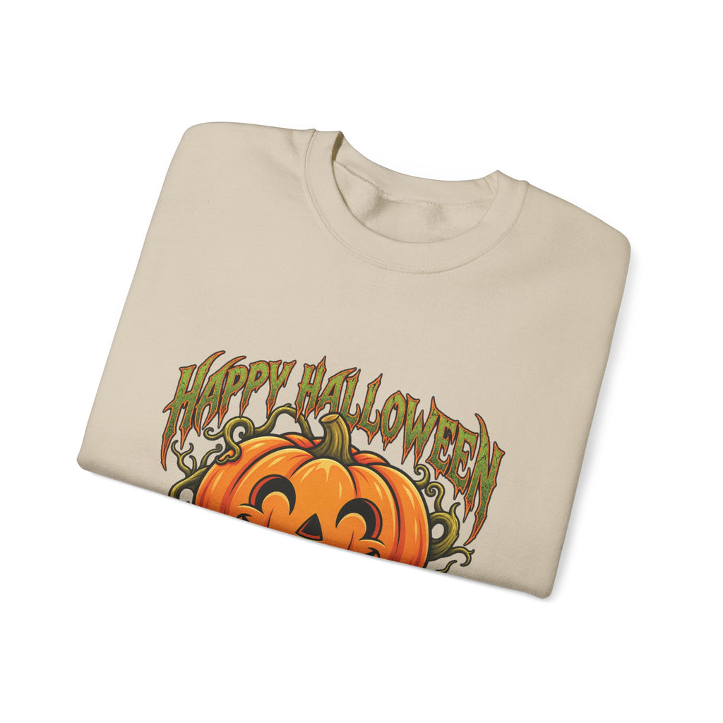 Halloween Pumpkin Crewneck Sweatshirt – "Happy Halloween" Jack-O'-Lantern Graphic