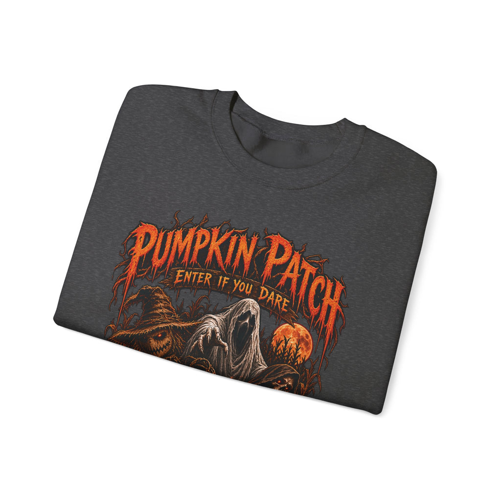 Pumpkin Patch Horror Crewneck Sweatshirt – Spooky Halloween Skull & Jack-O'-Lantern Design