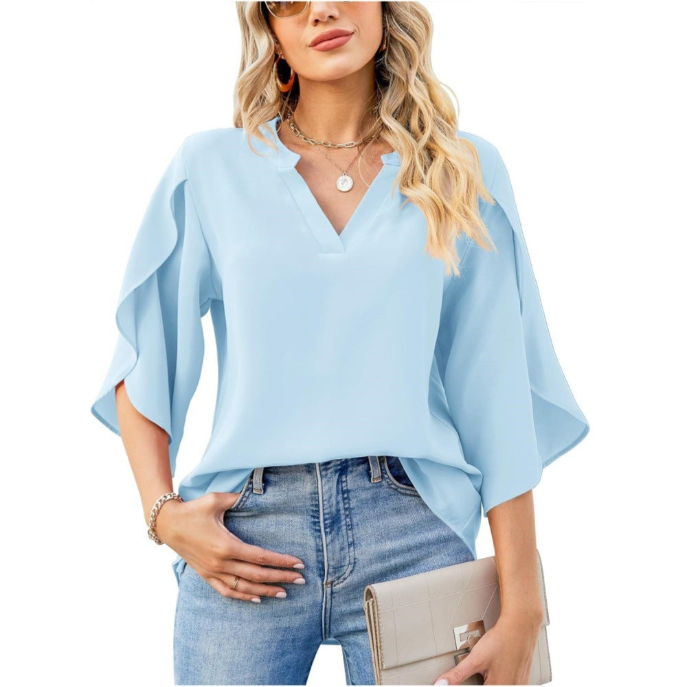 Womens Fashion Solid VNeck Chiffon Blouse