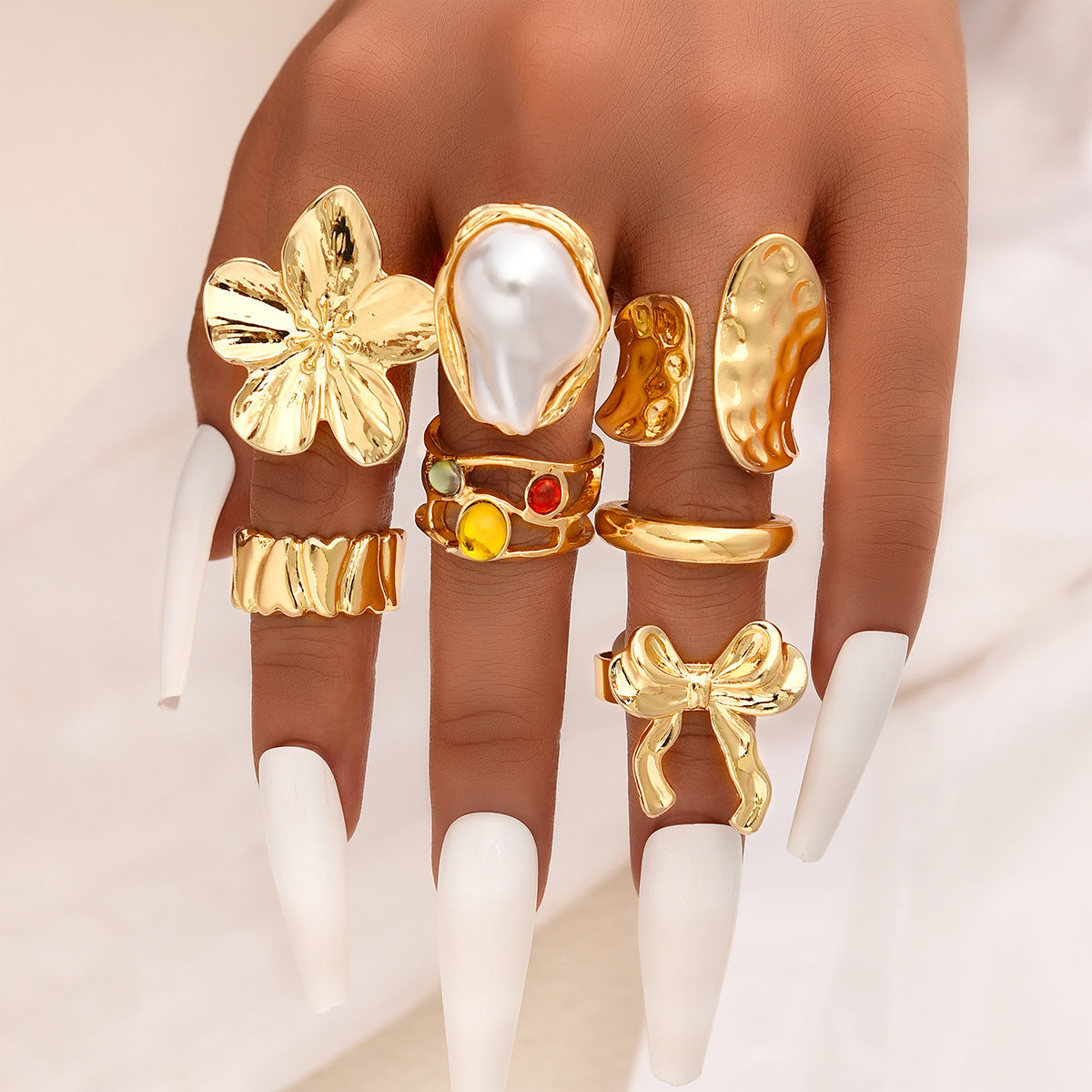 Stackable Gemstone Pearl Open Wide Rings for Women