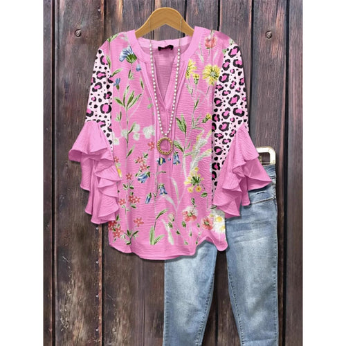 3D Floral Print V-Neck Ruffle Top