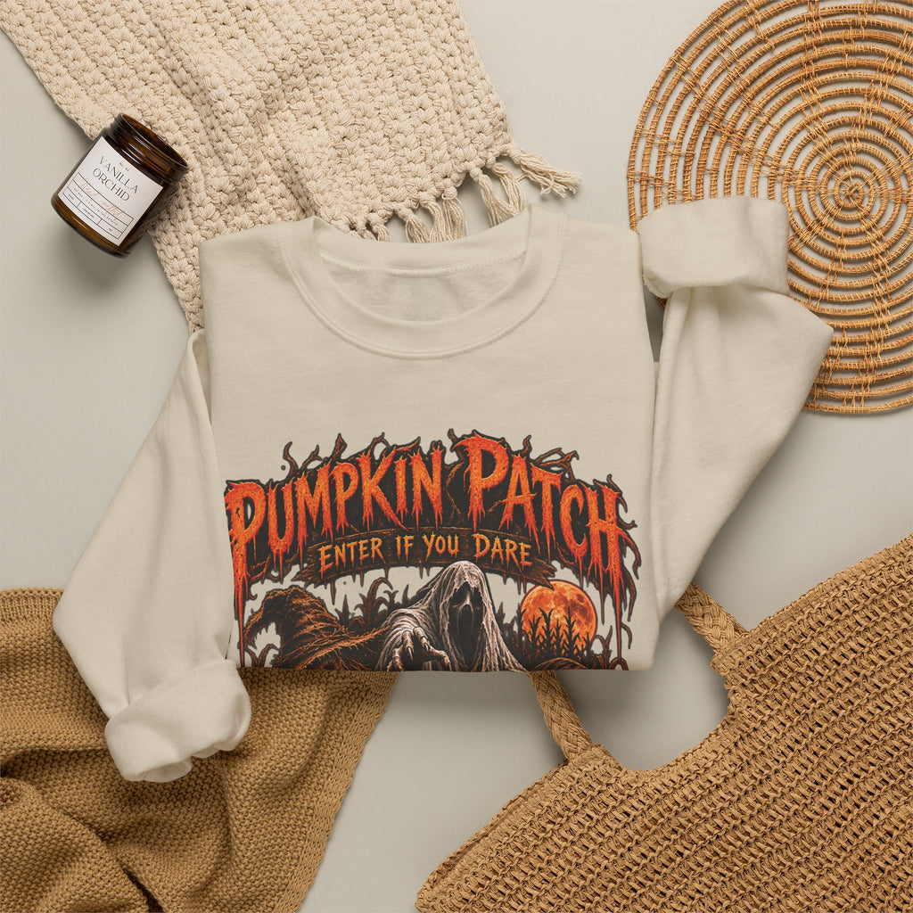 Pumpkin Patch Horror Crewneck Sweatshirt – Spooky Halloween Skull & Jack-O'-Lantern Design