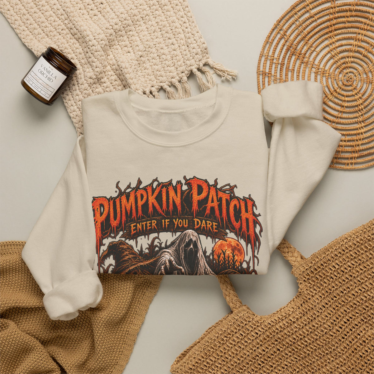 Pumpkin Patch Horror Crewneck Sweatshirt – Spooky Halloween Skull & Jack-O'-Lantern Design