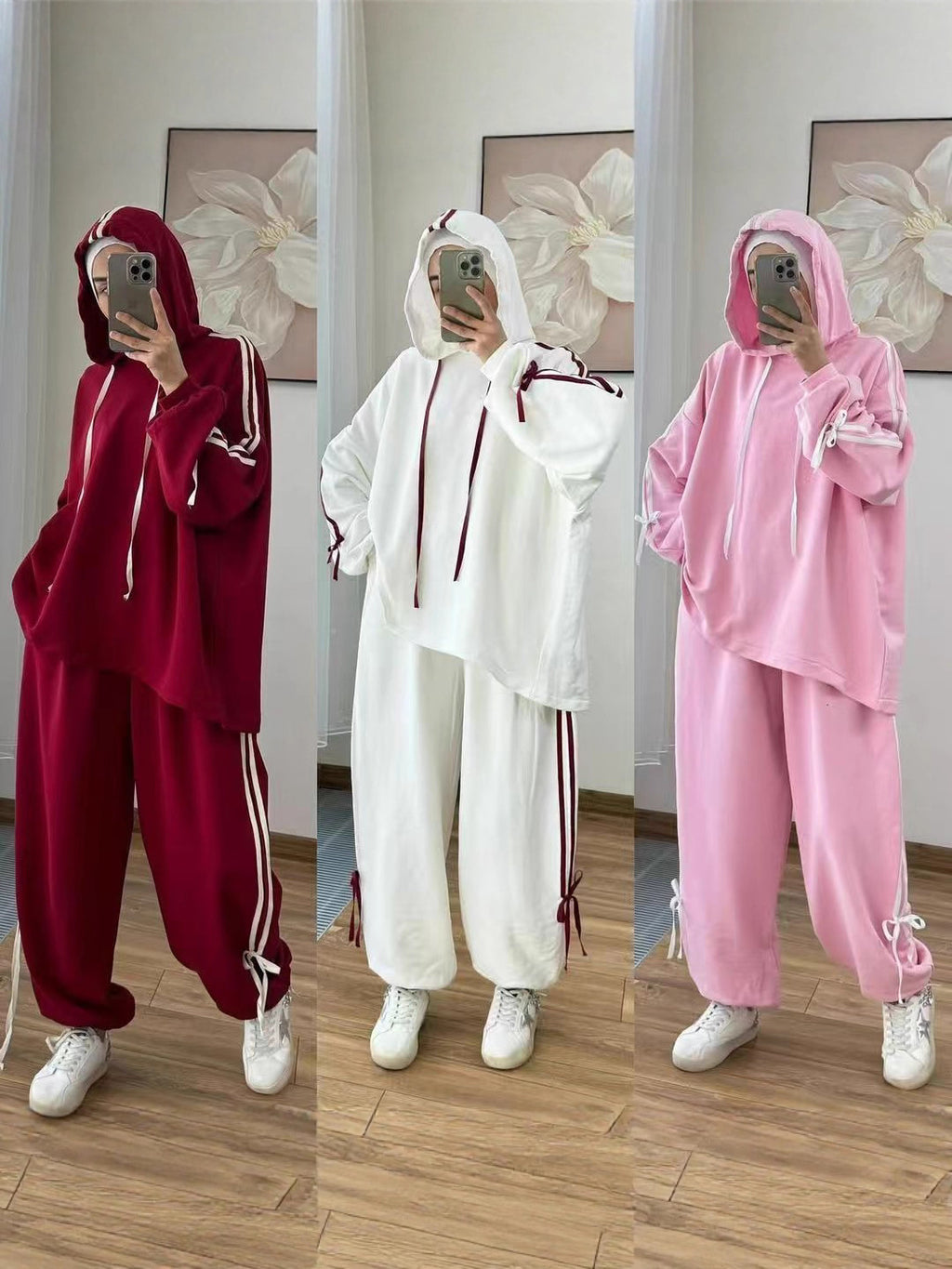Women's Long Sleeve Hooded Wide Leg Pants Set