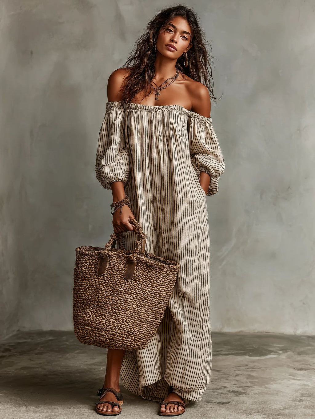 Striped Off-Shoulder Dress with Puff Sleeves