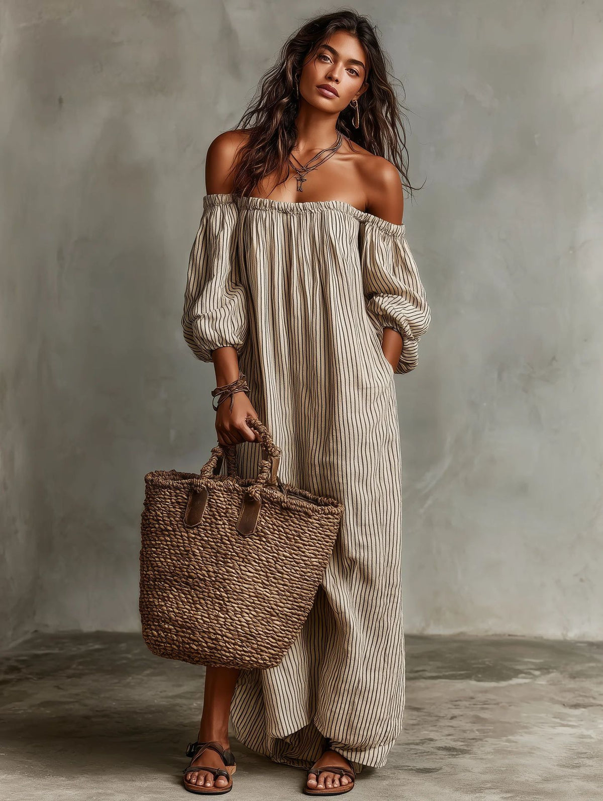 Striped Off-Shoulder Dress with Puff Sleeves