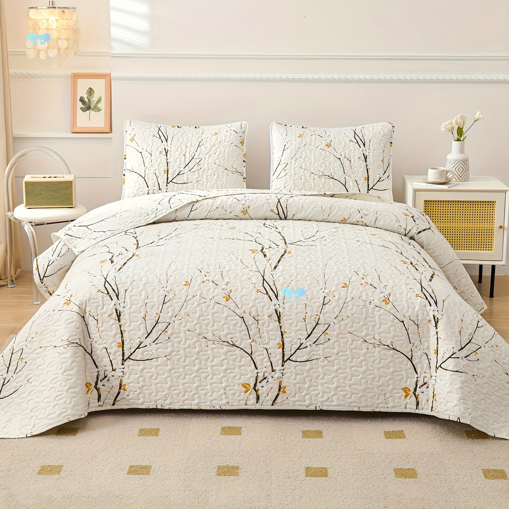 Plum Blossom White Quilt Set King Size Reversible