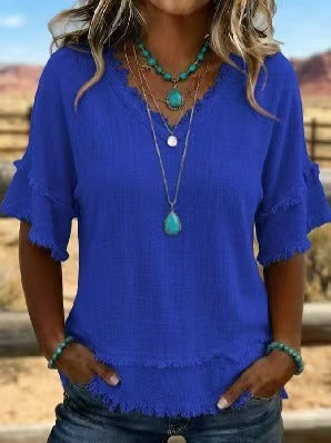 Womens V-Neck Short Sleeve Pullover Shirt