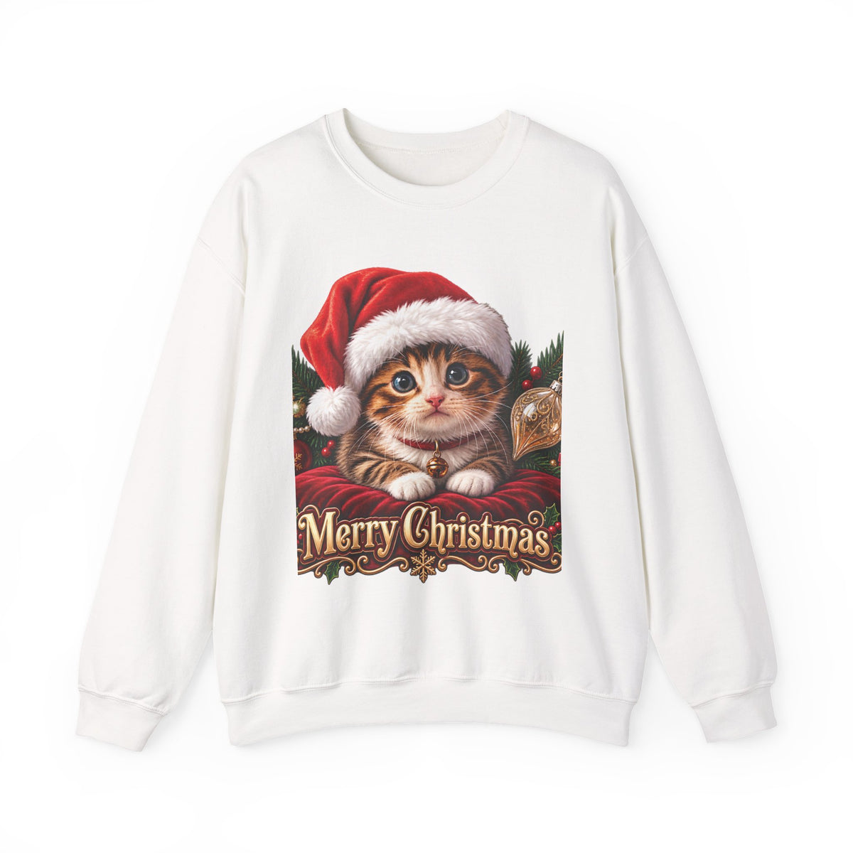 Christmas Kitten Crewneck Sweatshirt — "Merry Christmas" Holiday Cat Sweater