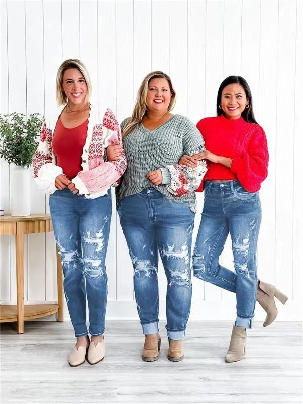 Women's High Waist Loose Fit Distressed Jeans