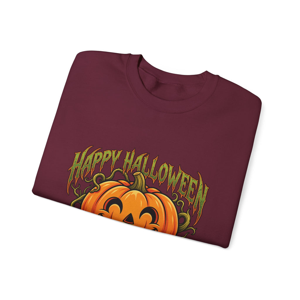 Halloween Pumpkin Crewneck Sweatshirt – "Happy Halloween" Jack-O'-Lantern Graphic
