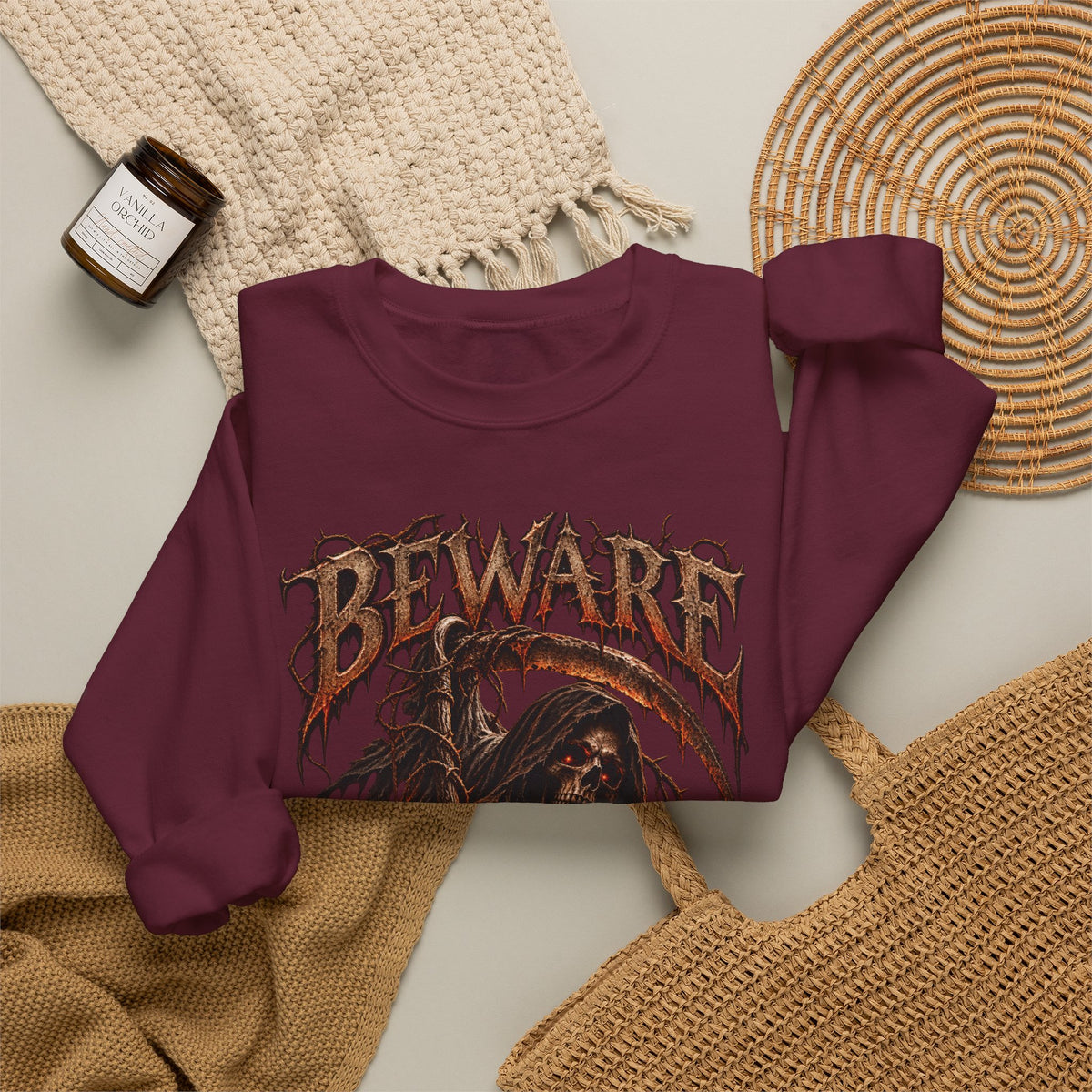 Beware Grim Reaper Sweatshirt — Gothic Skeleton Crewneck
