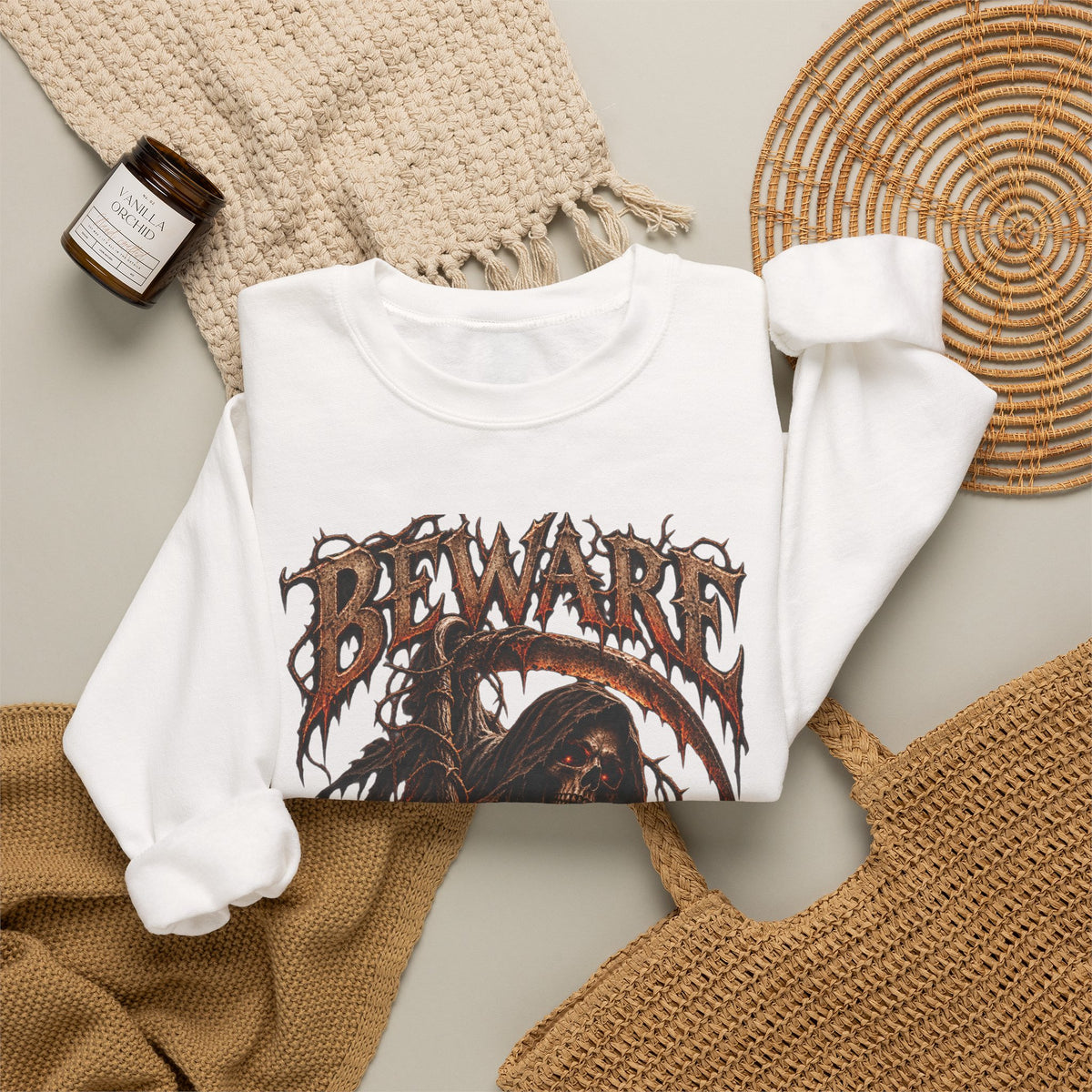 Beware Grim Reaper Sweatshirt — Gothic Skeleton Crewneck