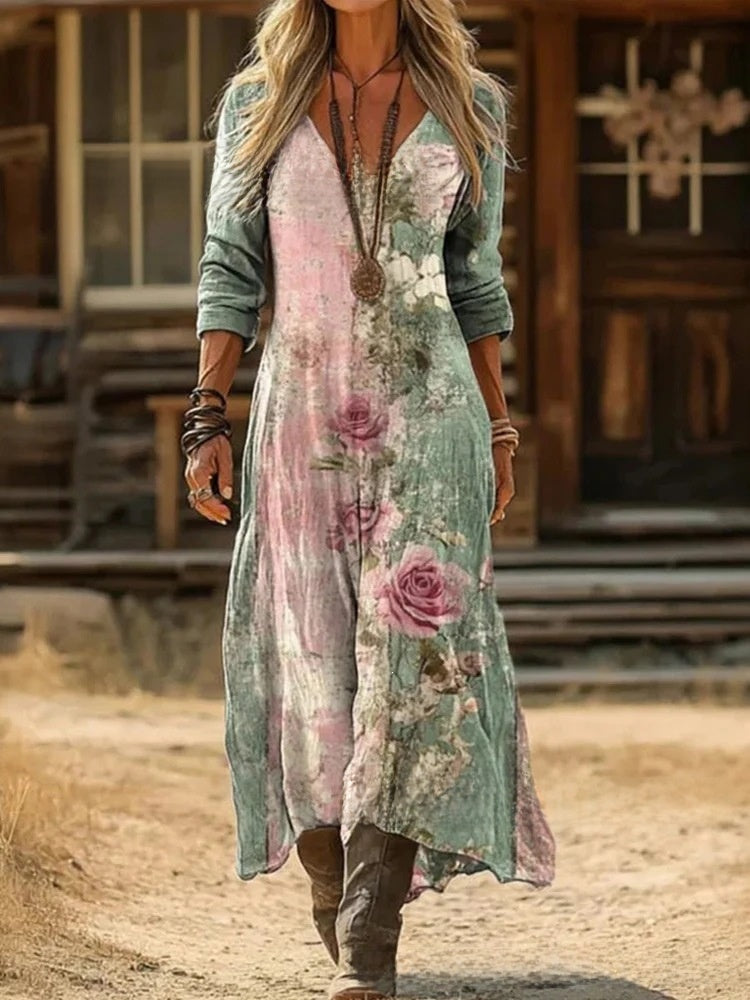 Women's printed long-sleeved V-neck dress