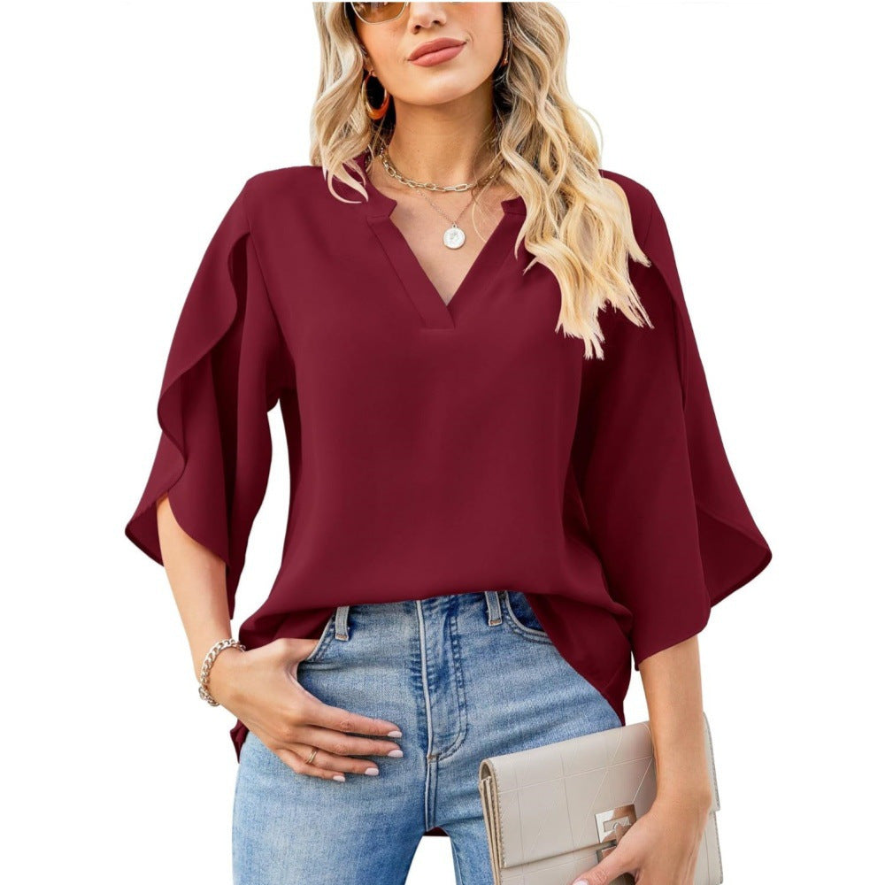 Womens Fashion Solid VNeck Chiffon Blouse