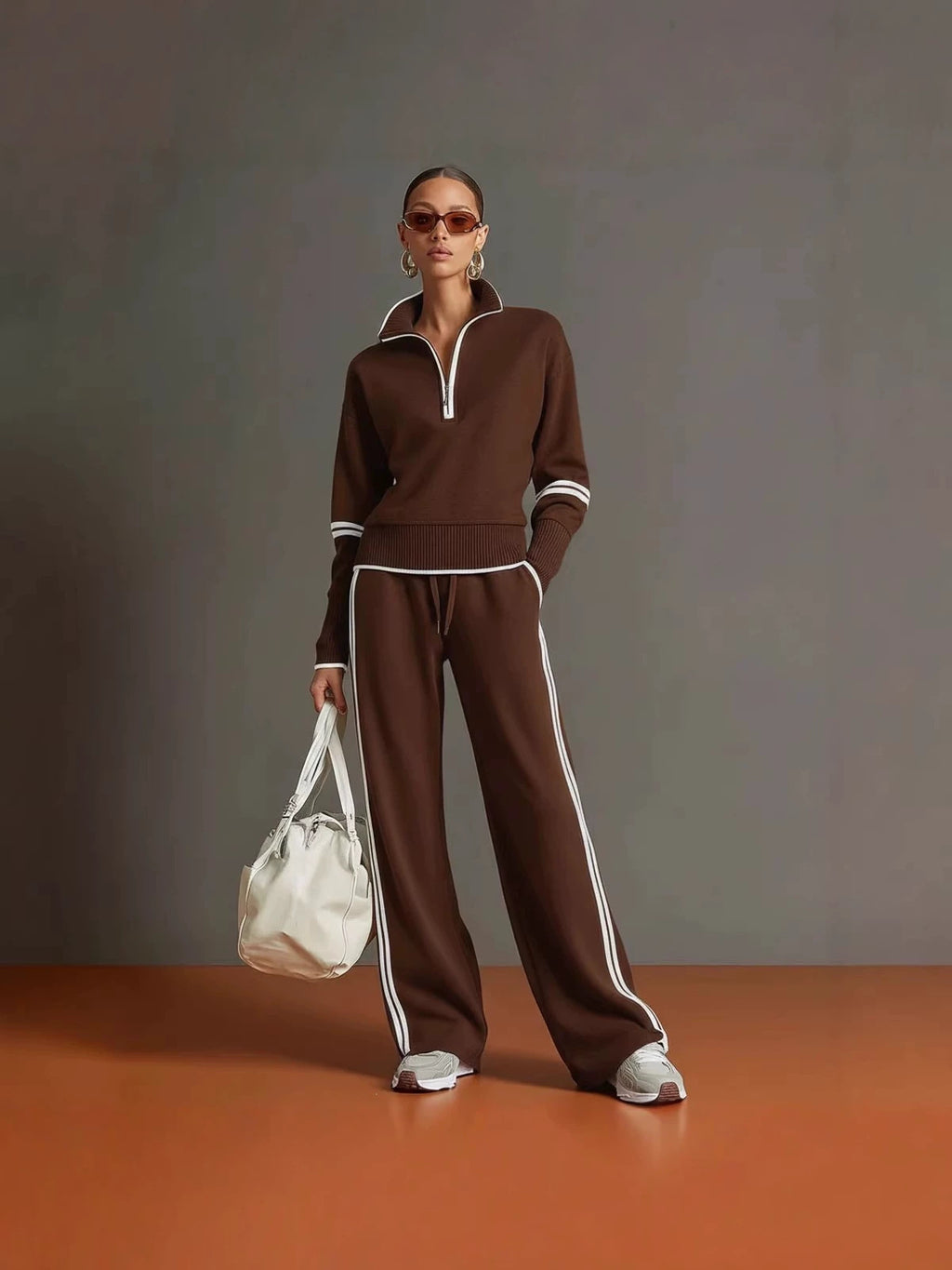 Women's Half Zip Knit Set with Wide Leg Pants