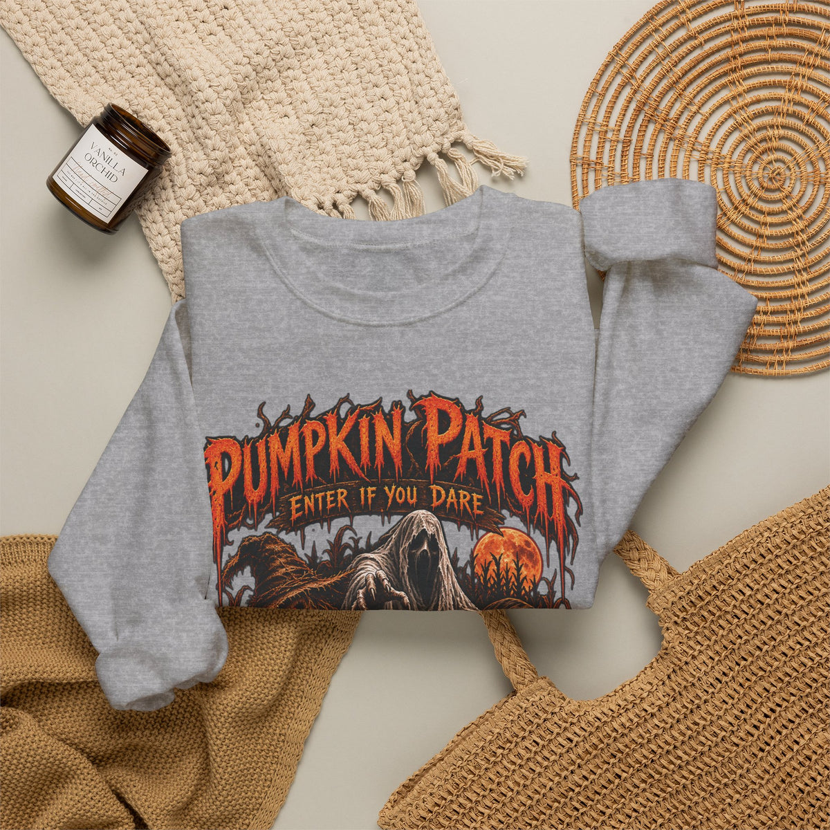 Pumpkin Patch Horror Crewneck Sweatshirt – Spooky Halloween Skull & Jack-O'-Lantern Design