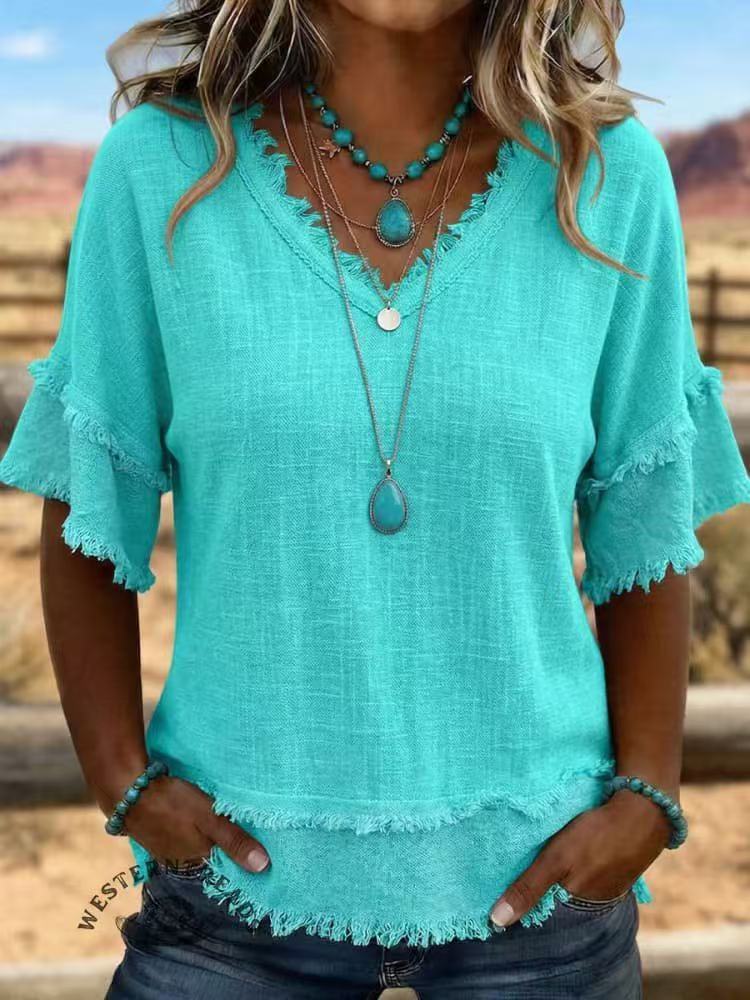 Womens V-Neck Short Sleeve Pullover Shirt