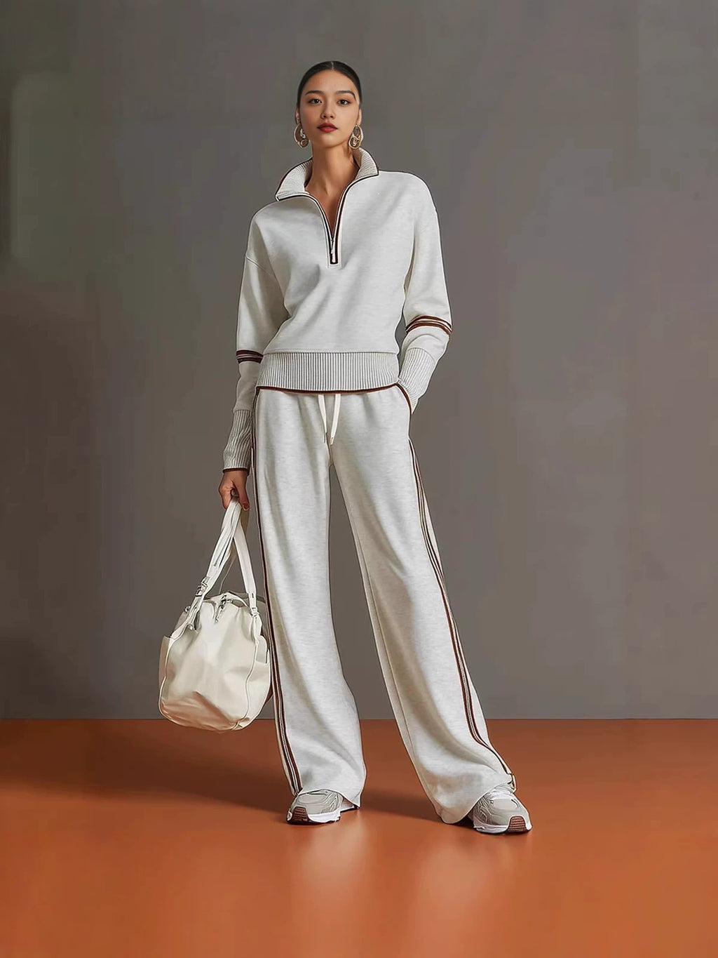 Women's Half Zip Knit Set with Wide Leg Pants