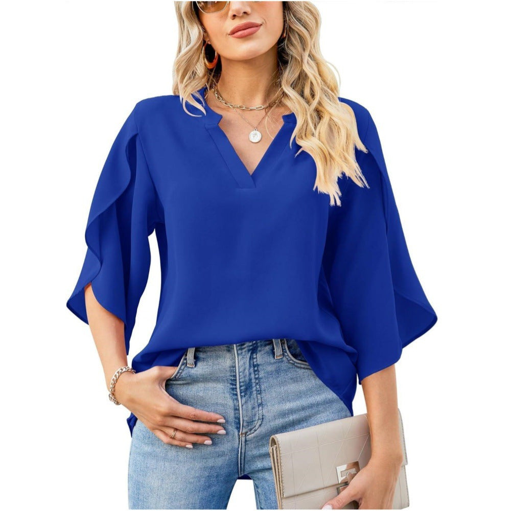 Womens Fashion Solid VNeck Chiffon Blouse