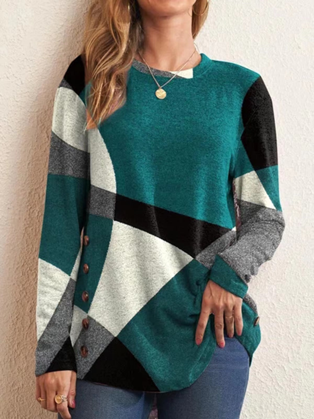 Womens French Cashmere Blend Printed Long Sleeve T-shirt