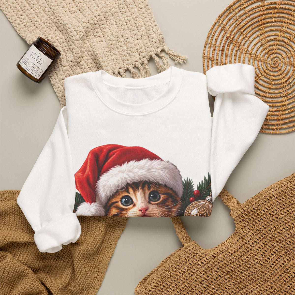 Christmas Kitten Crewneck Sweatshirt — "Merry Christmas" Holiday Cat Sweater