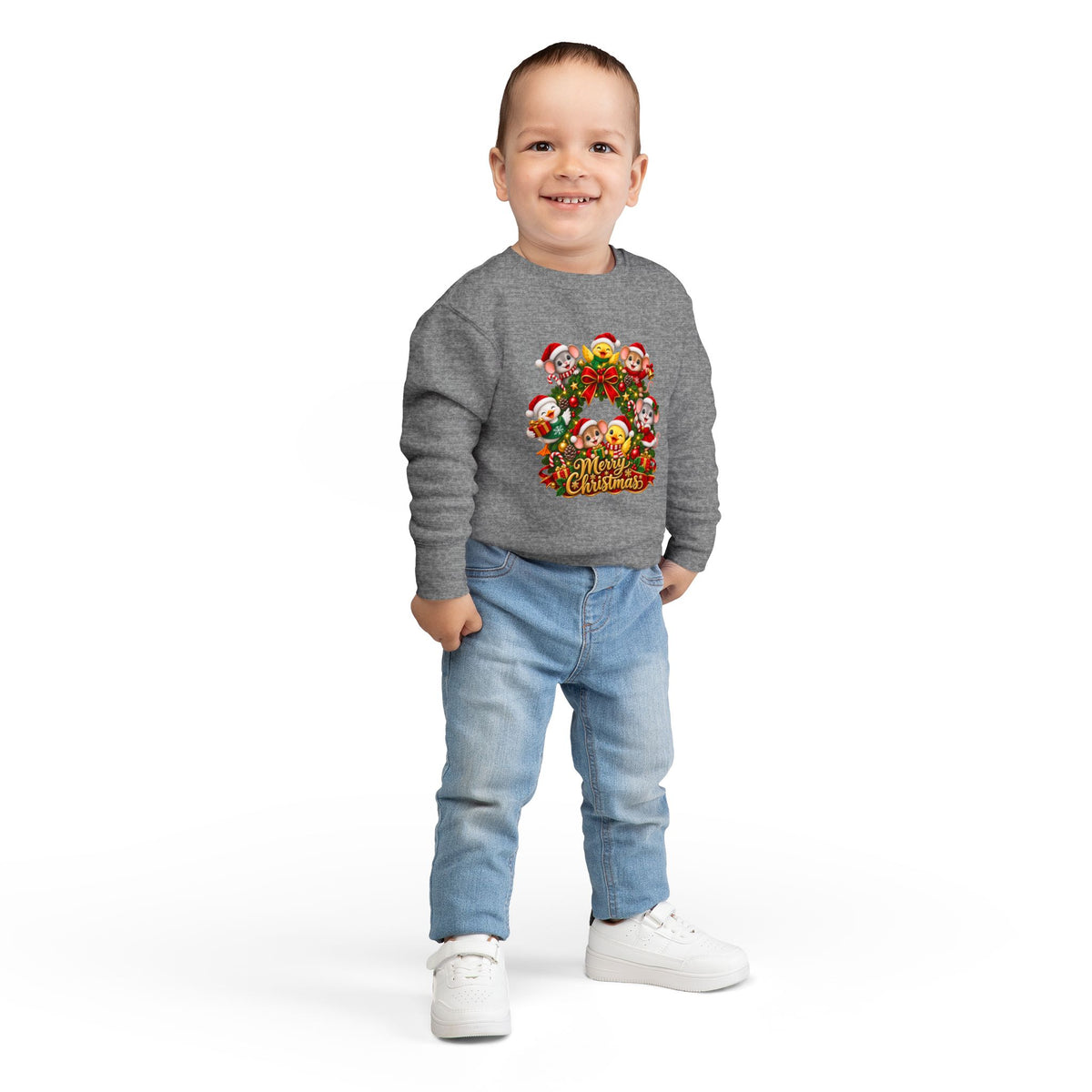 Toddler Sweatshirt — Merry Christmas Animal Wreath Holiday Crewneck