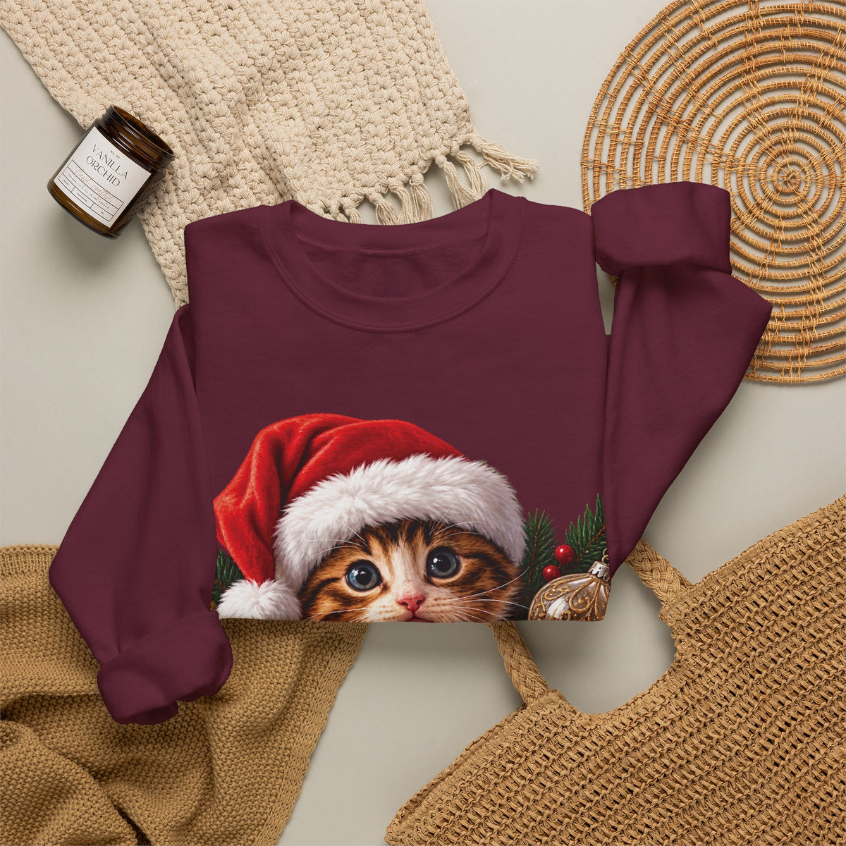 Christmas Kitten Crewneck Sweatshirt — "Merry Christmas" Holiday Cat Sweater