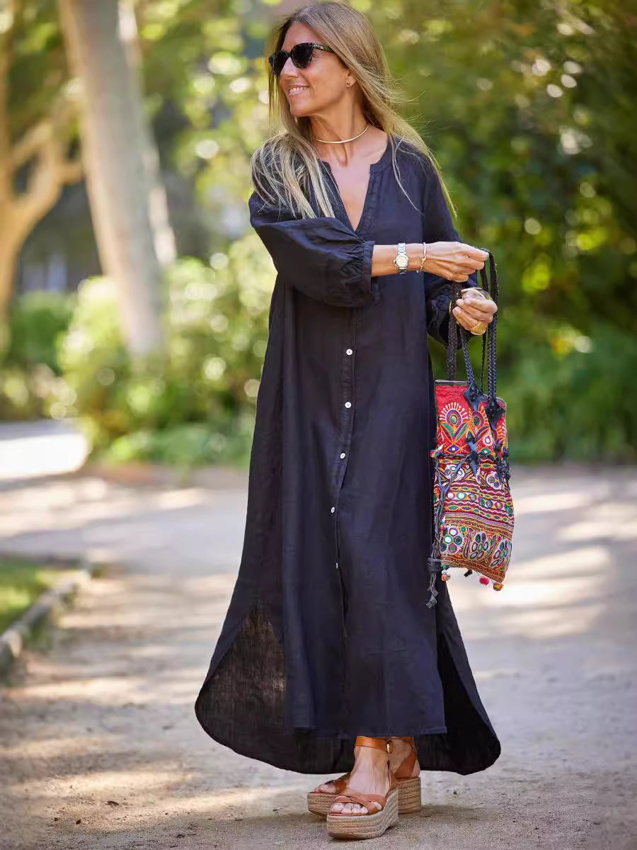 Womens Cotton Linen V-Neck Long Dress