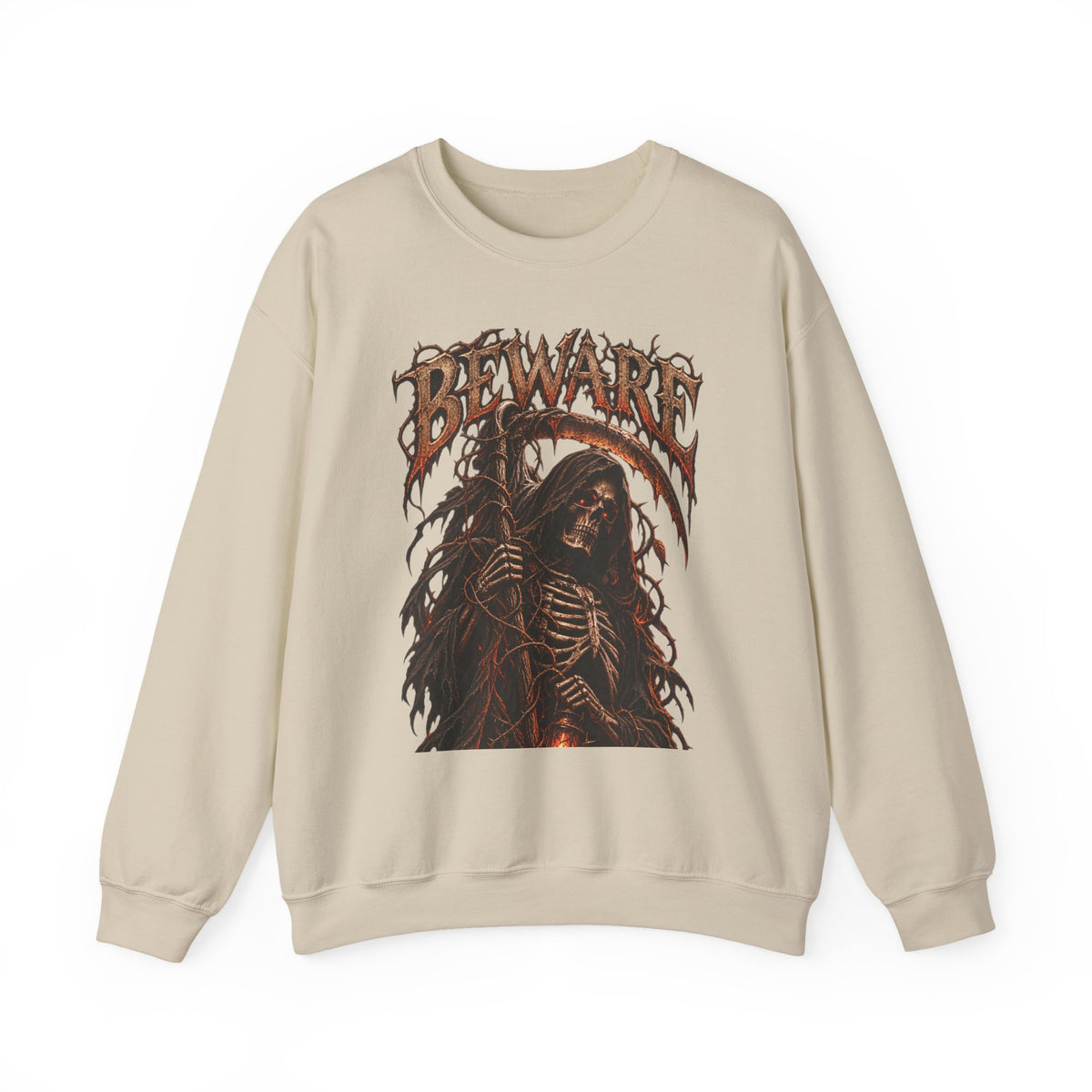 Beware Grim Reaper Sweatshirt — Gothic Skeleton Crewneck