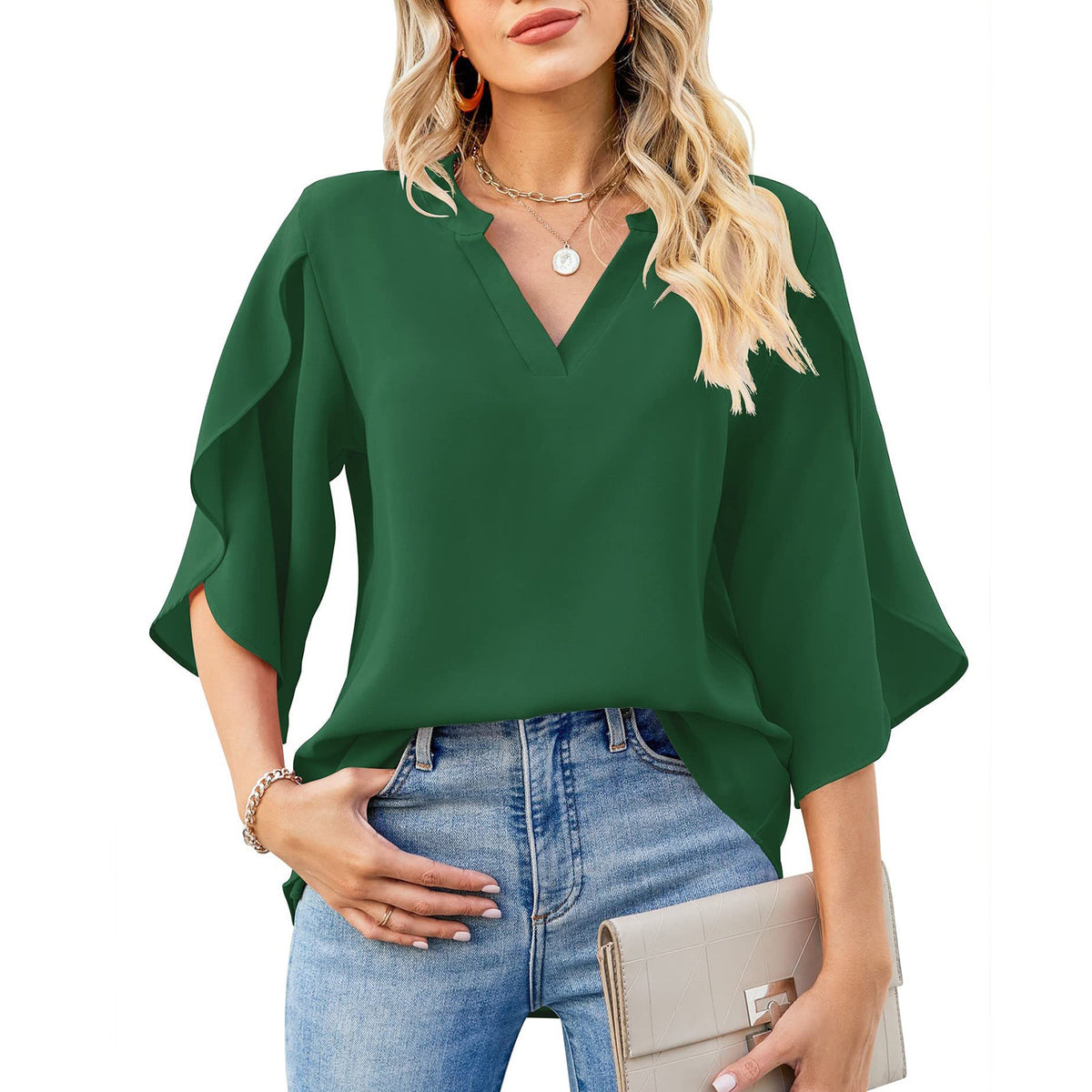 Womens Fashion Solid VNeck Chiffon Blouse