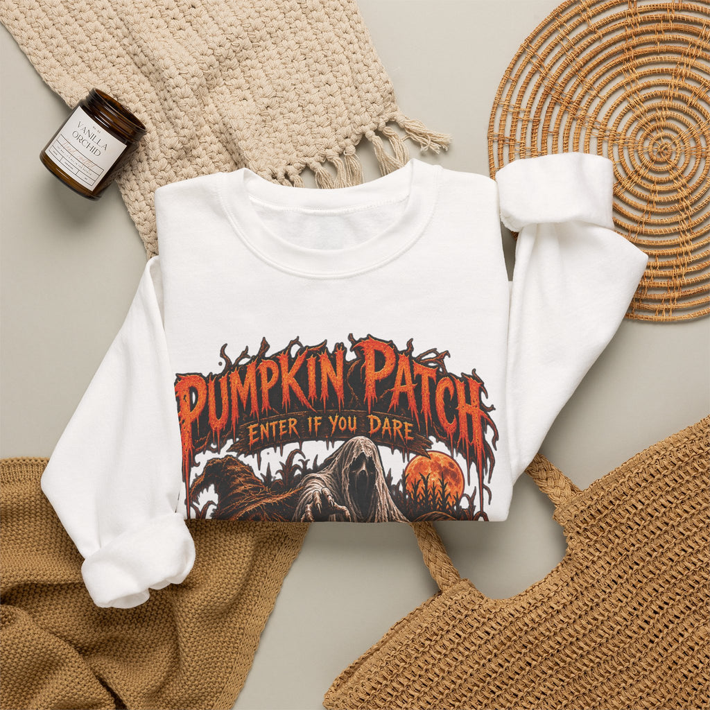 Pumpkin Patch Horror Crewneck Sweatshirt – Spooky Halloween Skull & Jack-O'-Lantern Design