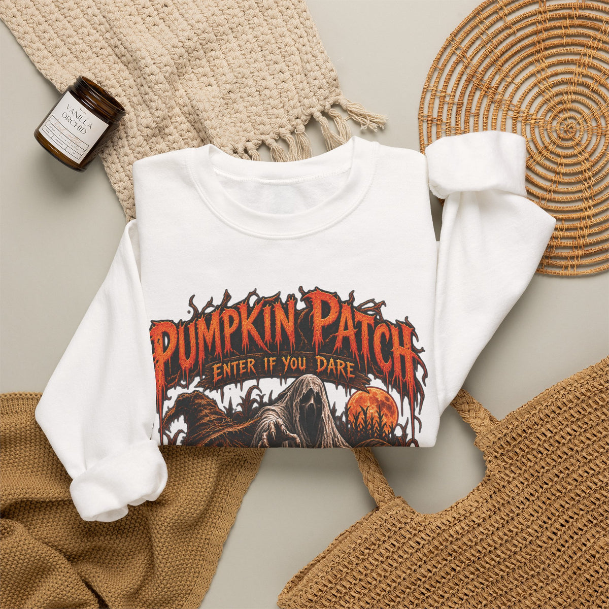 Pumpkin Patch Horror Crewneck Sweatshirt – Spooky Halloween Skull & Jack-O'-Lantern Design