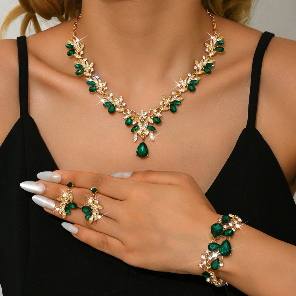 Leaf Design Rhinestone Necklace Earrings Bracelet Set