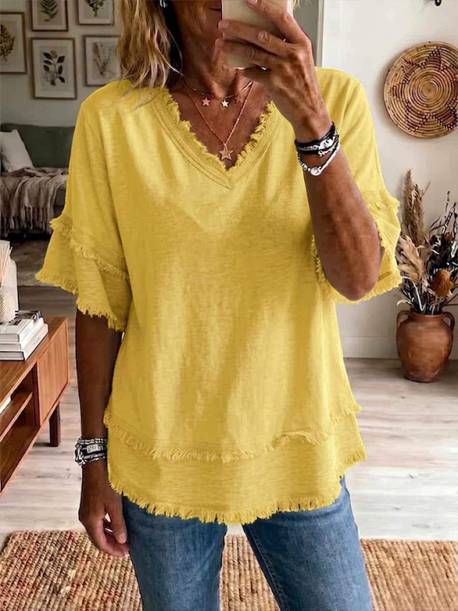Womens V-Neck Short Sleeve Pullover Shirt