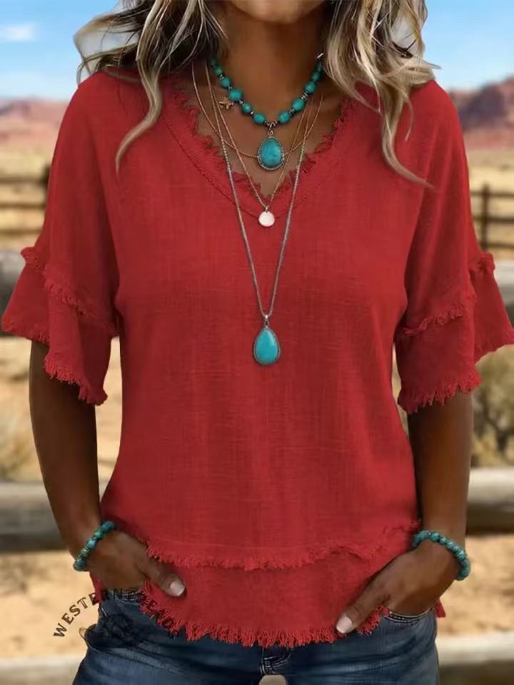 Womens V-Neck Short Sleeve Pullover Shirt