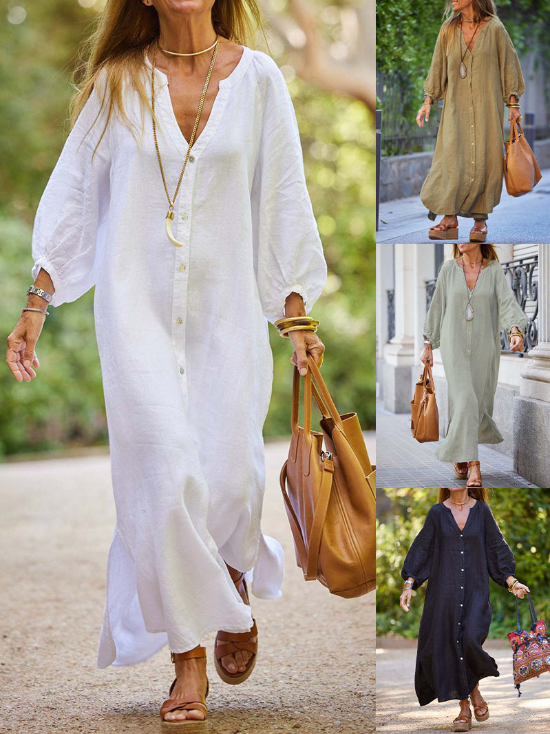 Womens Cotton Linen V-Neck Long Dress