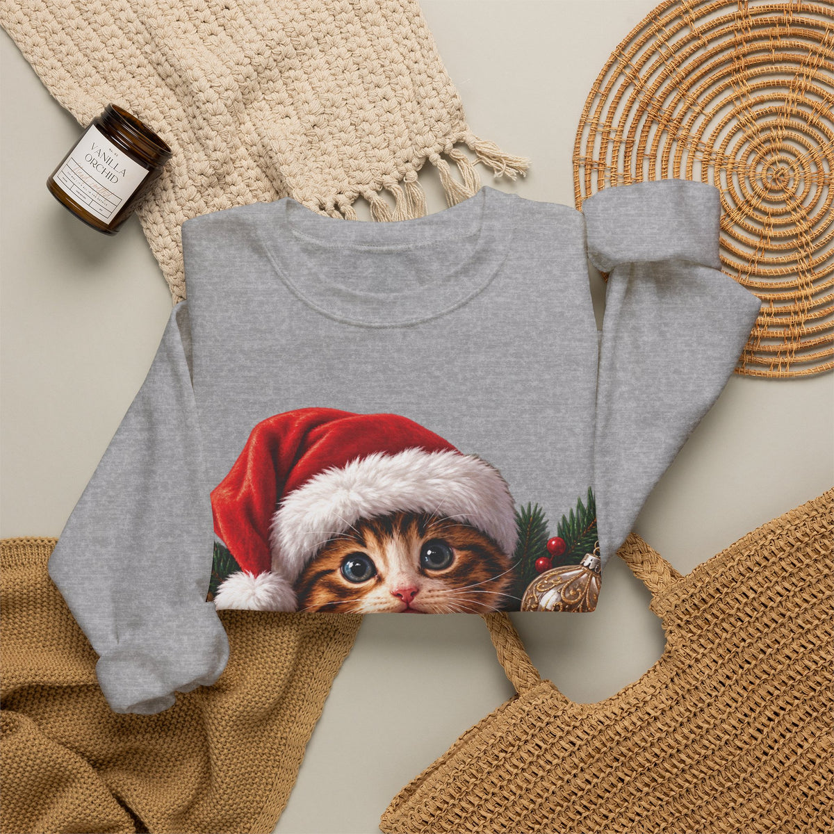 Christmas Kitten Crewneck Sweatshirt — "Merry Christmas" Holiday Cat Sweater