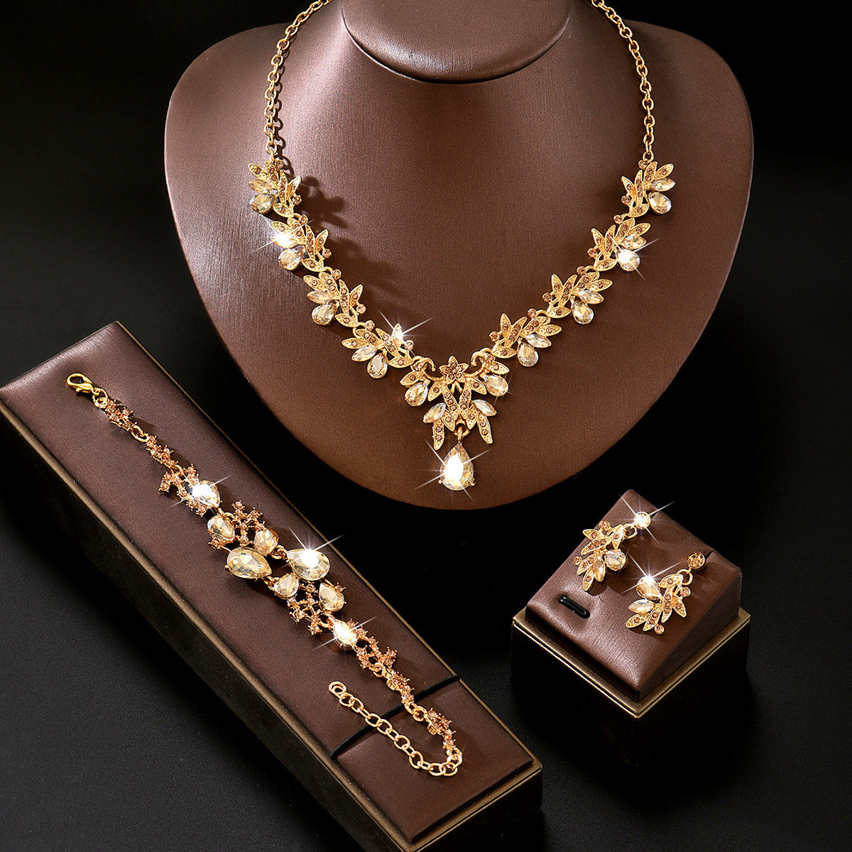 Leaf Design Rhinestone Necklace Earrings Bracelet Set