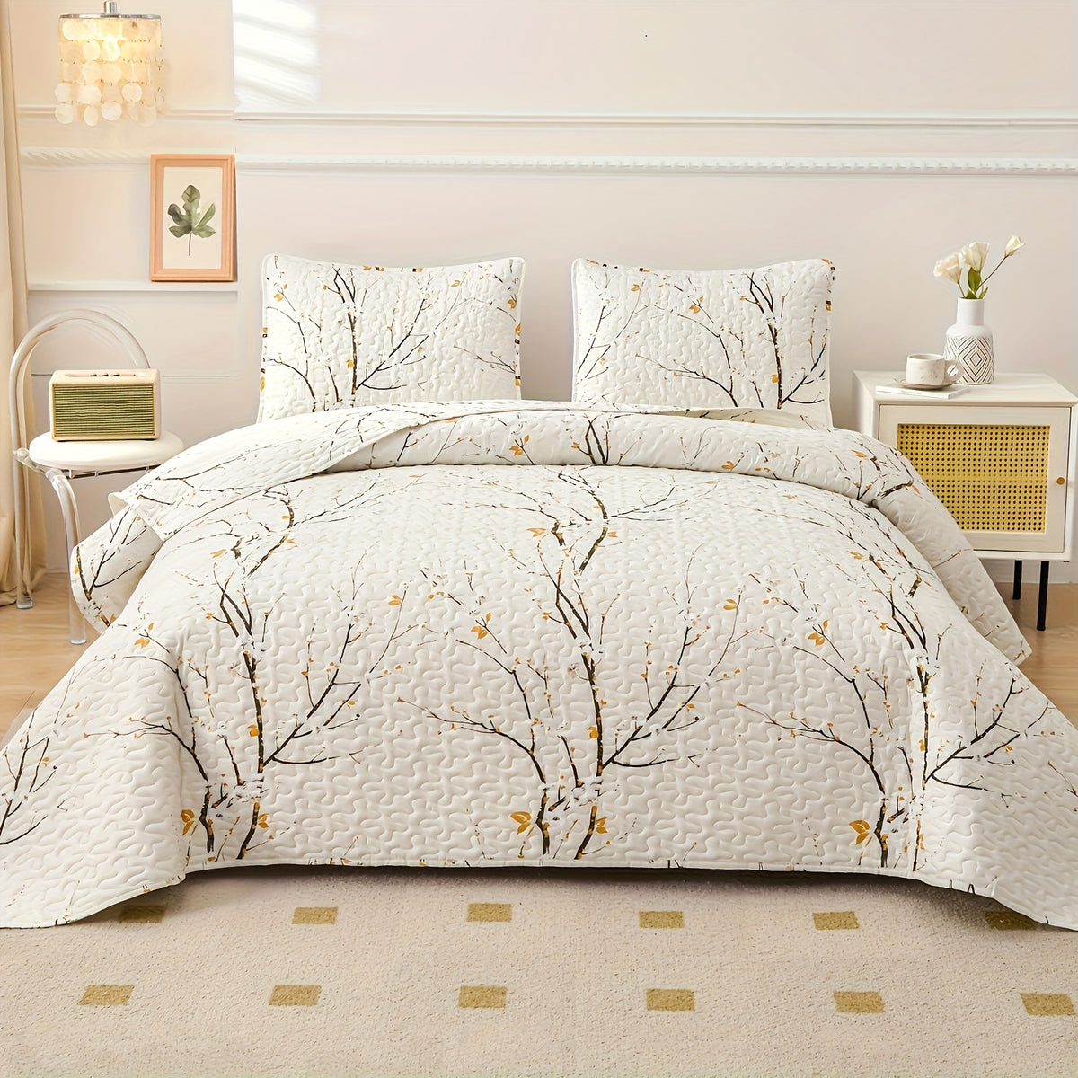 Plum Blossom White Quilt Set King Size Reversible