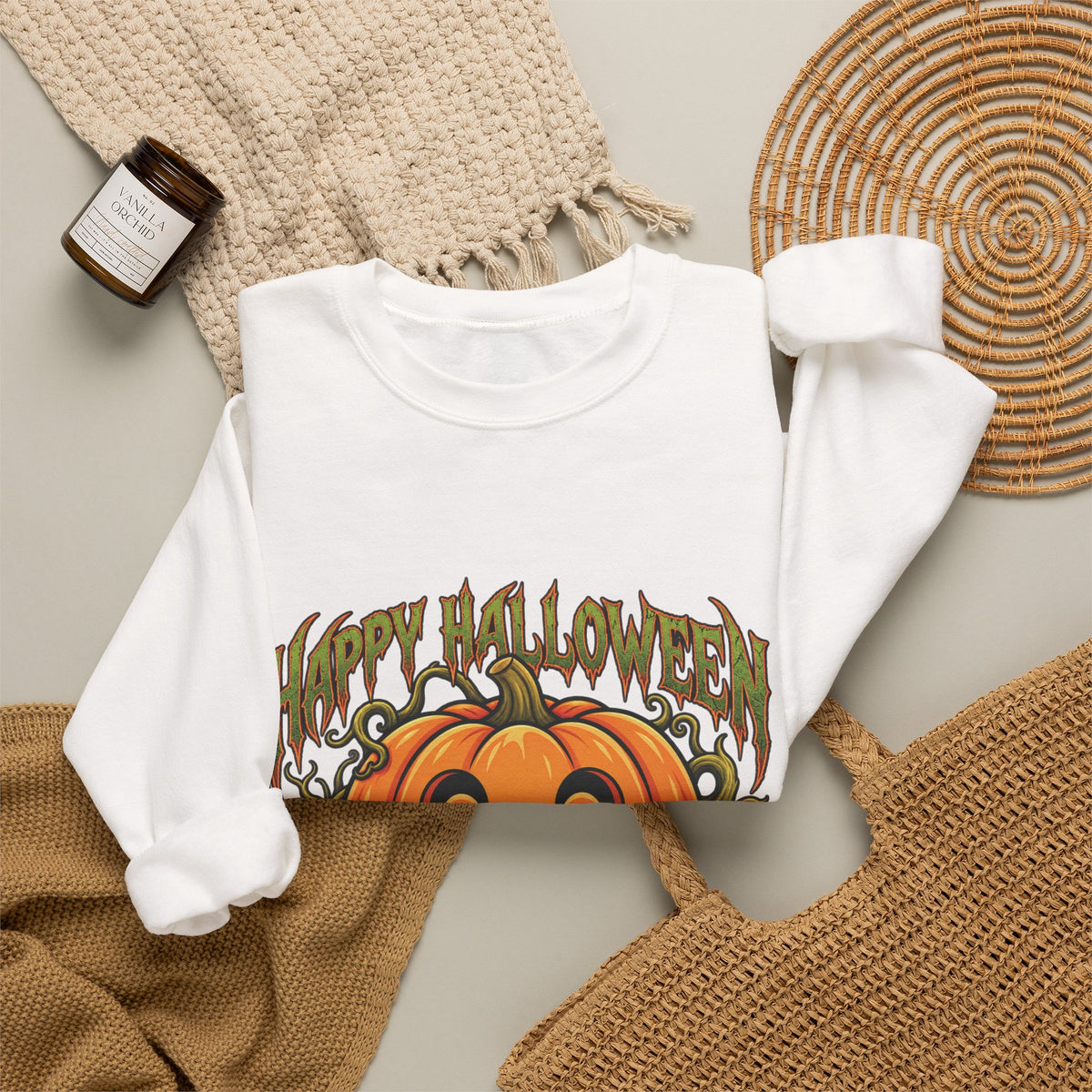 Halloween Pumpkin Crewneck Sweatshirt – "Happy Halloween" Jack-O'-Lantern Graphic