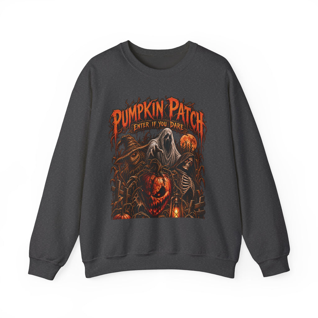 Pumpkin Patch Horror Crewneck Sweatshirt – Spooky Halloween Skull & Jack-O'-Lantern Design