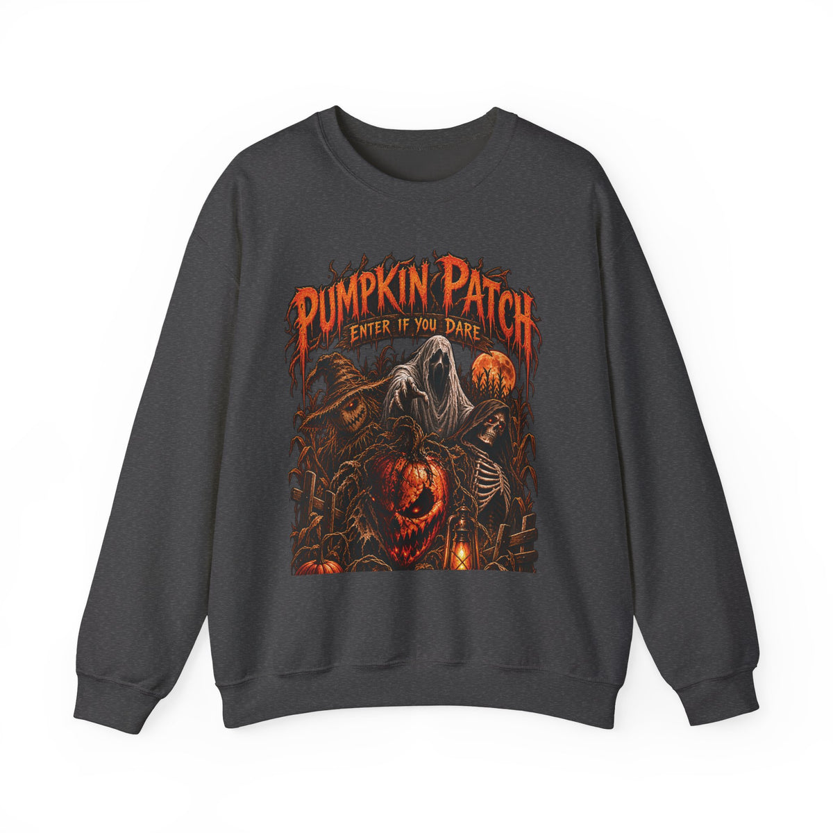 Pumpkin Patch Horror Crewneck Sweatshirt – Spooky Halloween Skull & Jack-O'-Lantern Design