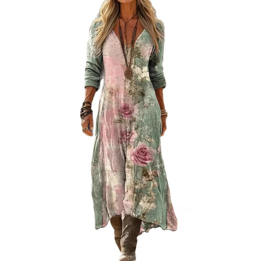Women's printed long-sleeved V-neck dress