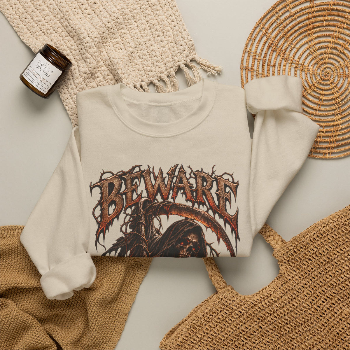 Beware Grim Reaper Sweatshirt — Gothic Skeleton Crewneck