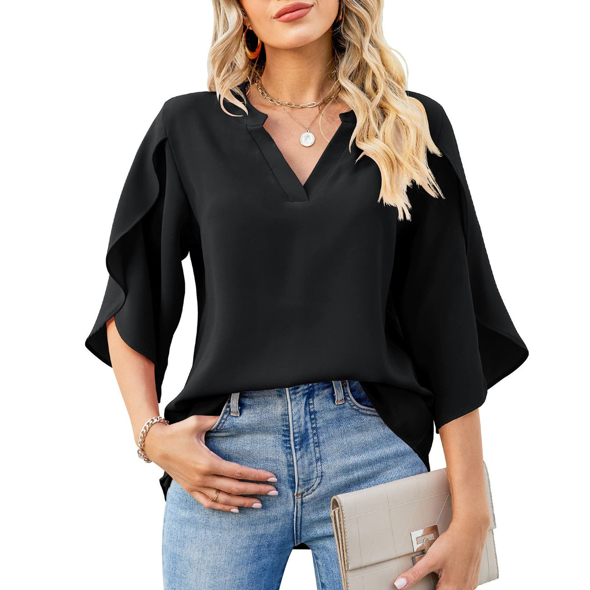 Womens Fashion Solid VNeck Chiffon Blouse