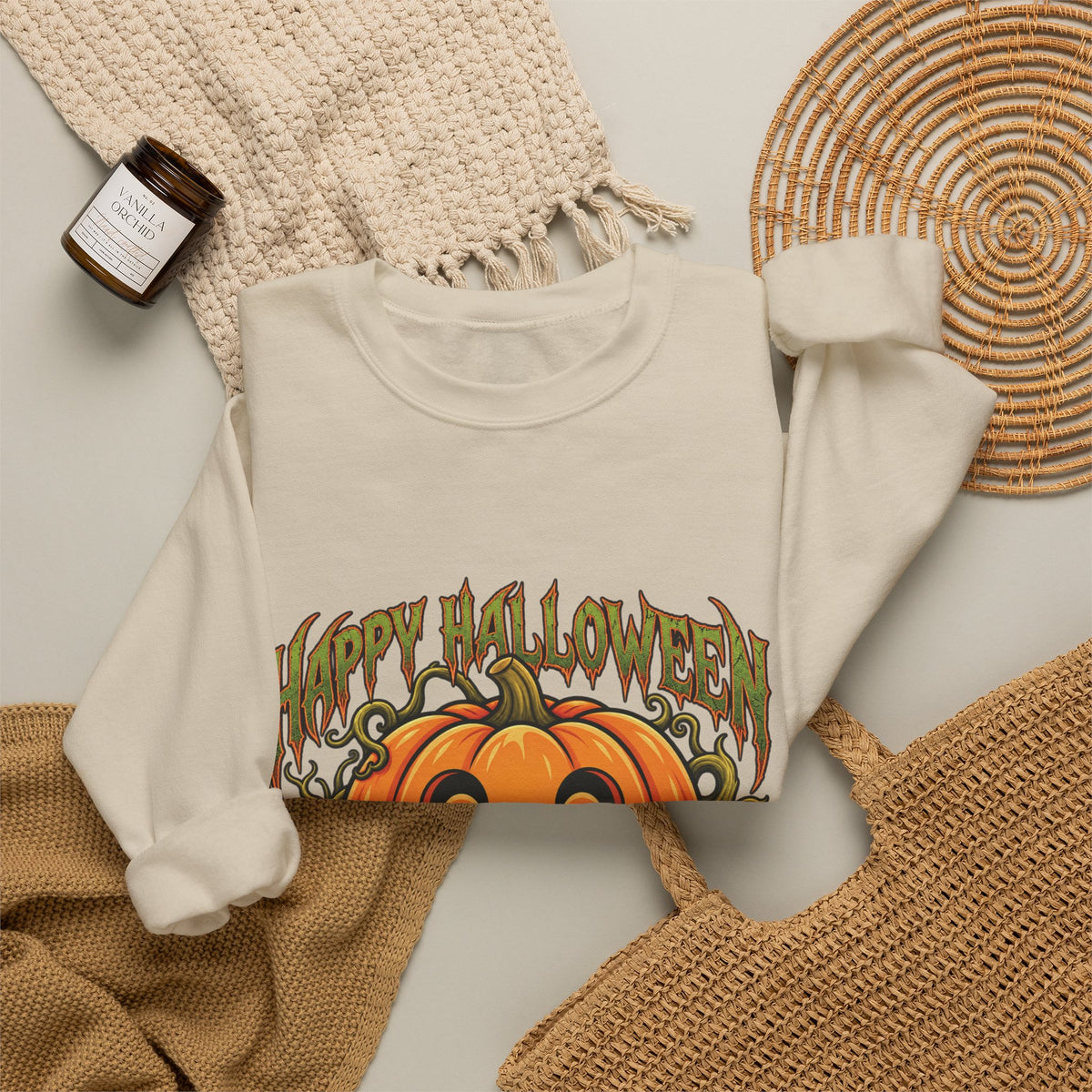 Halloween Pumpkin Crewneck Sweatshirt – "Happy Halloween" Jack-O'-Lantern Graphic