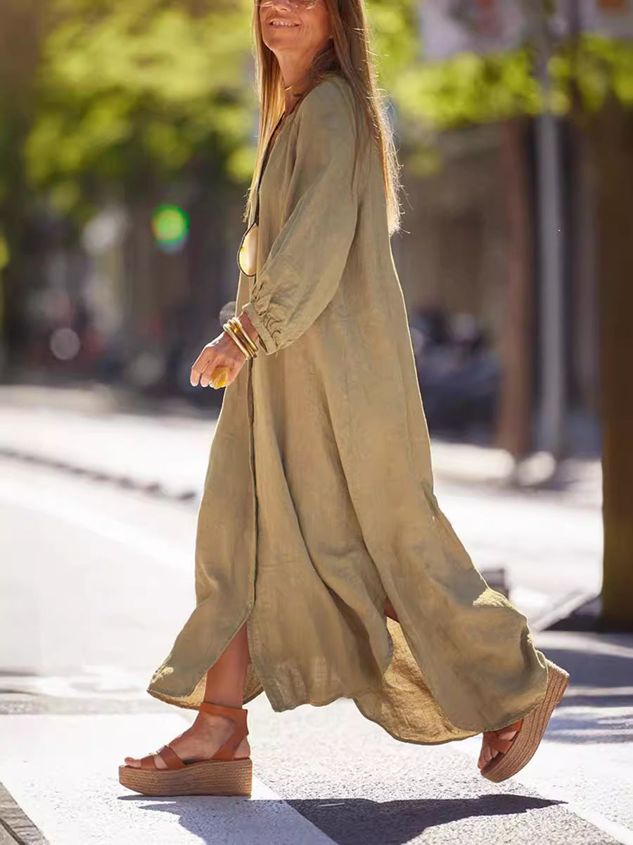 Womens Cotton Linen V-Neck Long Dress