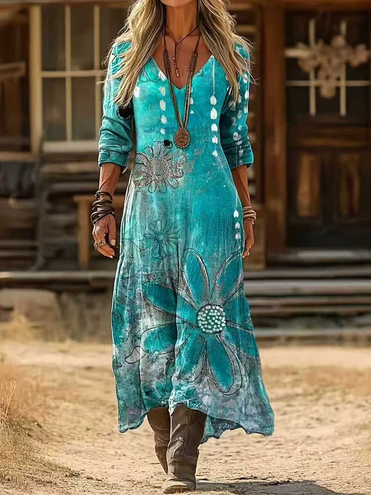 Women's printed long-sleeved V-neck dress